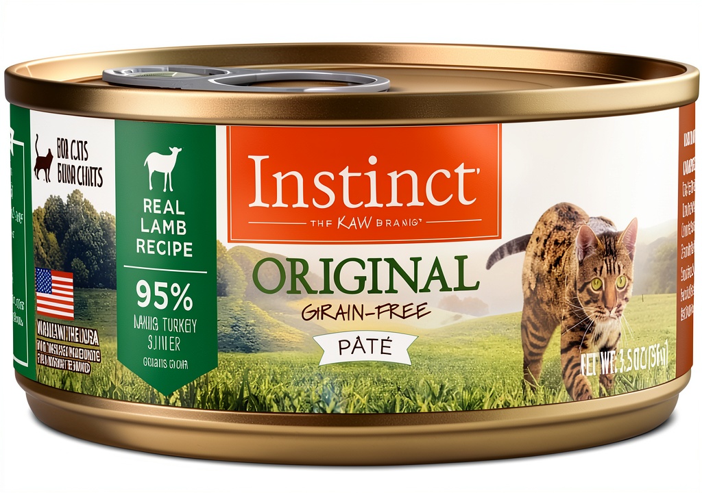 Close-up of Nature's Variety Instinct Grain Free Wet Cat Food Lamb being served in ceramic bowl showing texture variation