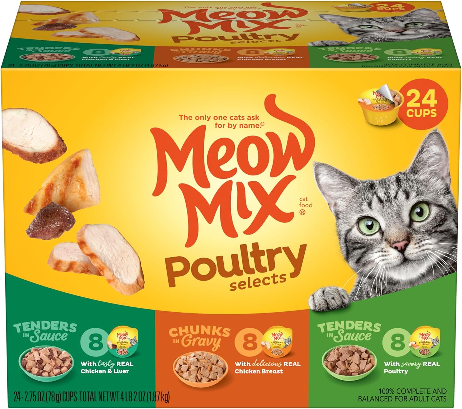 Meow Mix Wet Cat Food Poultry Variety Pack opened on a kitchen countertop with a curious cat watching