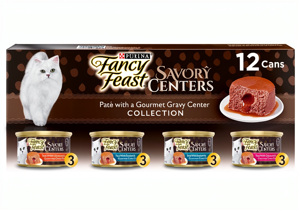Fancy Feast Savory Centers cat food variety pack displayed on a kitchen counter