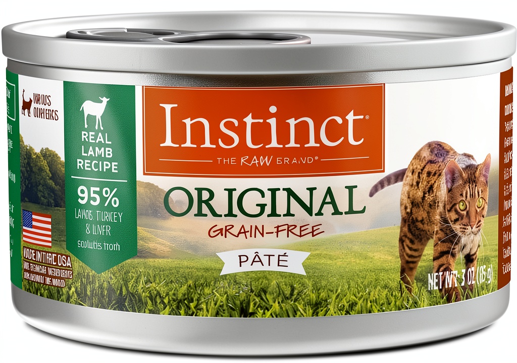 Instinct Grain Free Wet Cat Food Lamb Protein Natural can on a kitchen counter with a measuring scoop