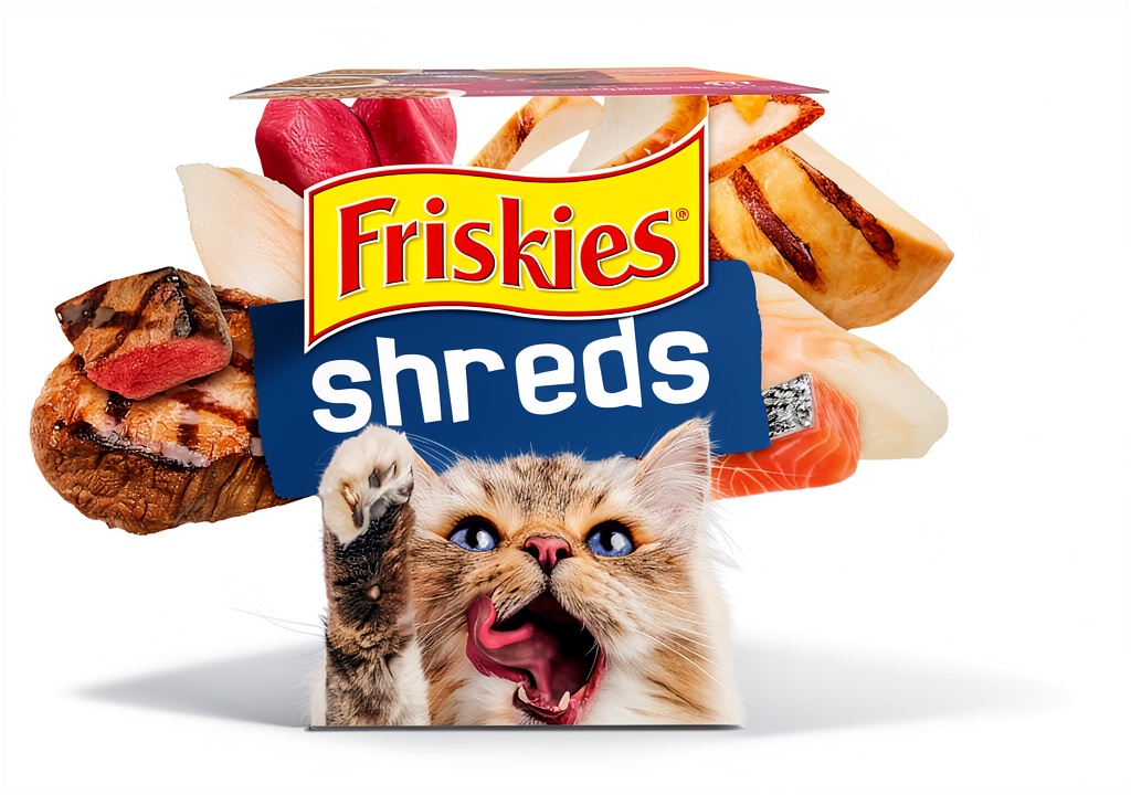'Purina Friskies Shreds wet cat food variety pack displayed with cans open showing shredded pieces in gravy'