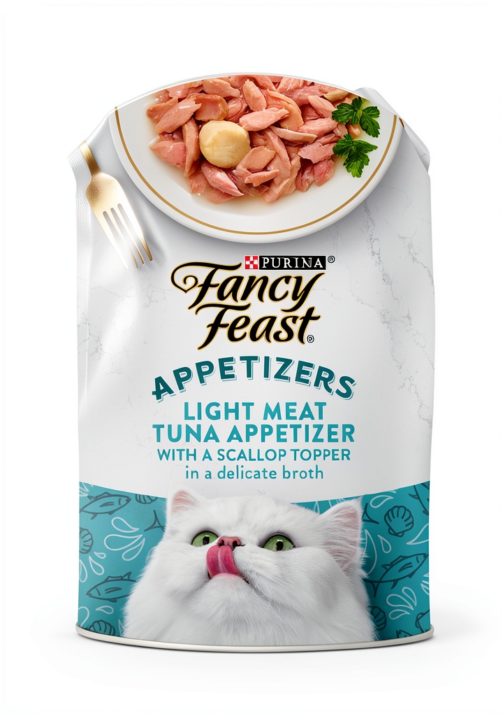Opening Fancy Feast Tuna Cat Food Topper on a kitchen counter