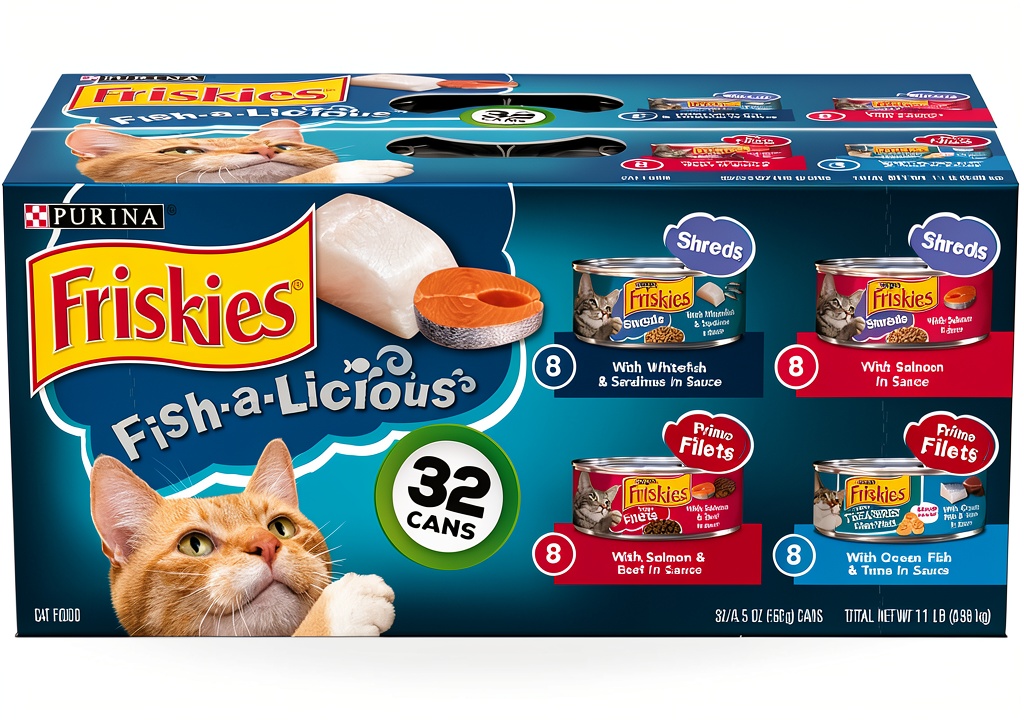 Friskies wet cat food variety pack with open can showing shreds in gravy